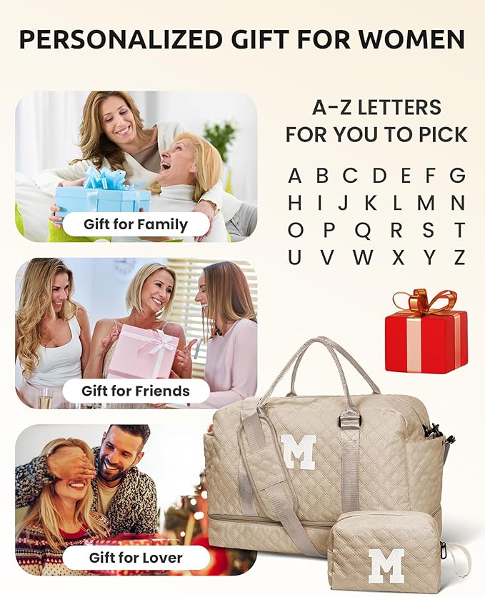 Girly Gifts for Women, Gifts for Women-Initial Travel Bag with Shoe Compartment, Personalized Weekender Bag, Monogram Overnight Bag for Women, Letter Travel Bag with Makeup Bag (Letter Q)