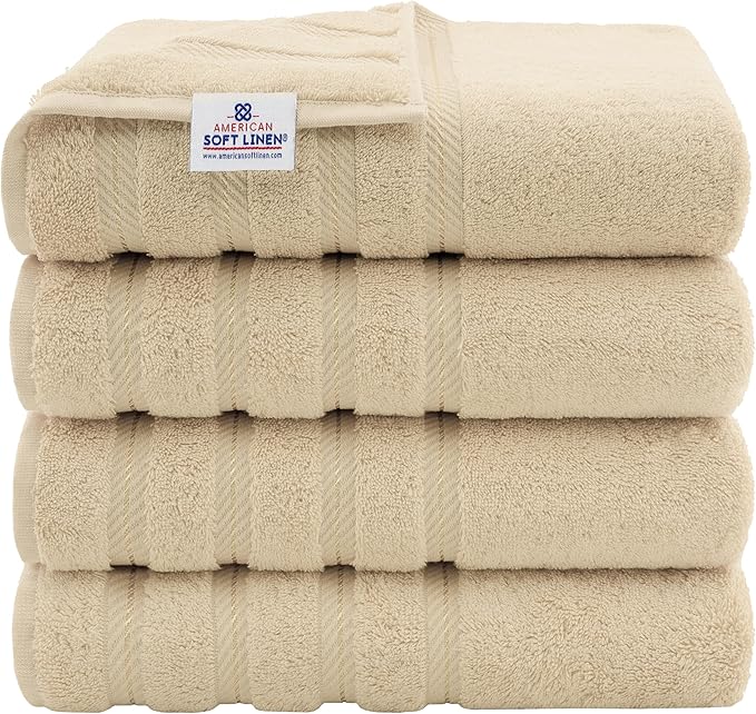 American Soft Linen Luxury 4 Piece Bath Towel Set, 600 GSM 100% Cotton Turkish Bath Towels for Bathroom, 27x54 in Extra Large Bathroom Shower Towels, Beige