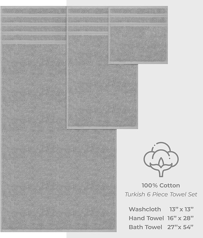 American Soft Linen Luxury 6 Piece Towel Set, 2 Bath Towels 2 Hand Towel 2 Washcloths, 600 GSM 100% Cotton Turkish Towels for Bathroom, Light Grey Towel Sets