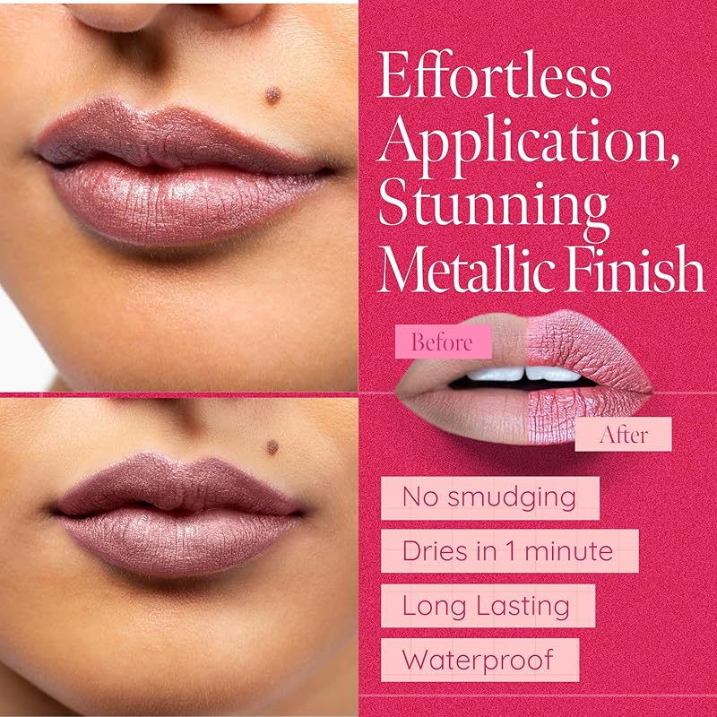 Aromi Dusty Rose Metallic Liquid Lipstick, Rosy Pink Nude Lip Color, Shimmery Finish, Waterproof, Long Lasting, Vegan, Cruelty-Free, Handmade (Pixie Dust)