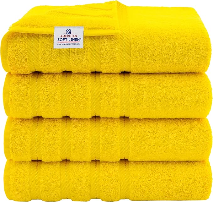 American Soft Linen Luxury 4 Piece Bath Towel Set, 600 GSM 100% Cotton Turkish Bath Towels for Bathroom, 27x54 in Extra Large Bathroom Shower Towels, Yellow