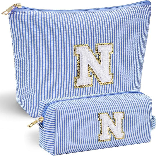 YOOLIFE Personalized Gifts for Women, Initial Makeup Bag with Makeup Pouch Cosmetics Organizer Bag Cute Makeup Bag Wedding Mothers Day Gifts Wedding Gifts for Sister Wife Friend Female Mom Blue N