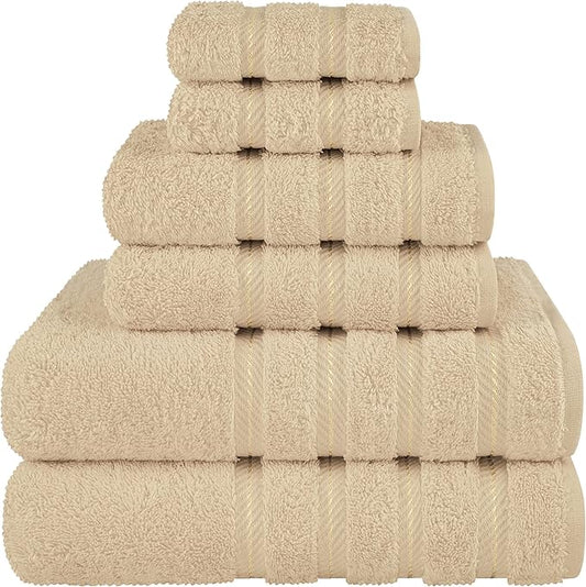 American Soft Linen Luxury 6 Piece Towel Set, 2 Bath Towels 2 Hand Towel 2 Washcloths, 600 GSM 100% Cotton Turkish Towels for Bathroom, Beige Towel Sets
