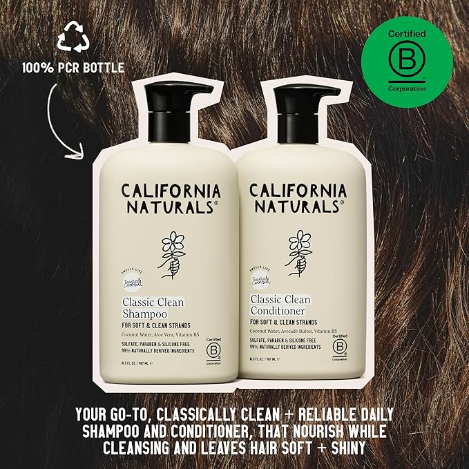 California Naturals Coconut Shampoo & Conditioner, Natural, Vegan, Cruelty, Silicone, Paraben, and Sulfate Free Shampoo, All Hair Types, 20 Fl Oz (Pack of 2), Classic Clean Coconut