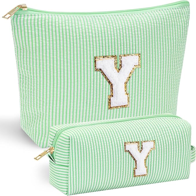 YOOLIFE Travel Makeup Bag Cosmetic Bag - Make Up Bag with Makeup Brush Bag Monogram Makeup Pouch Bag 2 Pieces Cute Makeup Bag Personalized Gifts Best Friend Birthday Gifts for Women Letter Y