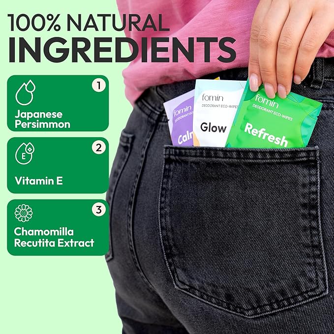 FOMIN Travel Deodorant Wipes - 50 Count - Refreshing Cucumber and Aloe - pH Balanced, Hypoallergenic Mini Deodorant Wipes For Women and Men - Plastic-Free, Individually Wrapped Underarm & Body Wipes