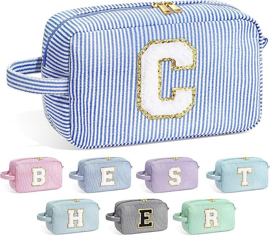 YOOLIFE Makeup Bag for Women - Monogram Cute Initial Blue Makeup Bags Cosmetic Toiletry Pouch Make Up Case for Women Her Best Friend Friendship Sister Teacher, Personalized Birthday Gifts for Women C