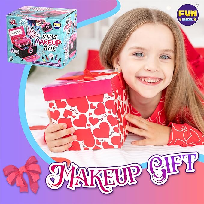 60Pcs Kid Makeup Kit for Girls 6-12, FunKidz Three Layers Folding Make Up Box Toy Set Child Beauty Cosmetic Kits for Little Girls Party Gifts