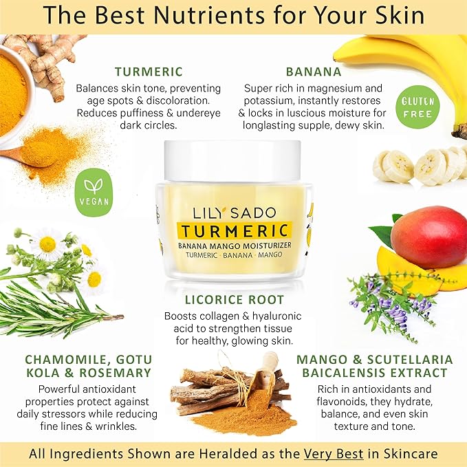 LILY SADO Turmeric Banana Mango Face Moisturizer - Luscious Creamy Nutrient-Rich Natural Daily Facial Cream w Chamomile & Rosemary - Vegan Anti-Aging Lotion For Wrinkles & Fine Lines