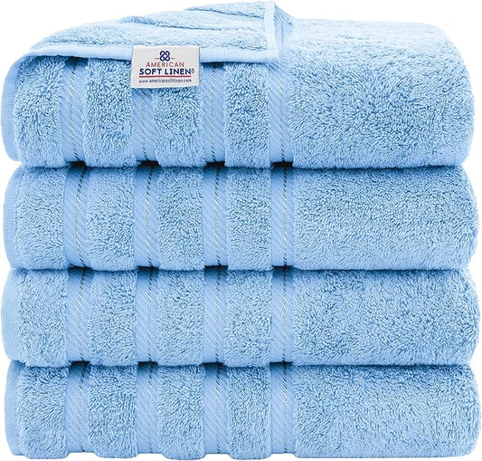American Soft Linen Luxury 4 Piece Bath Towel Set, 600 GSM 100% Cotton Turkish Bath Towels for Bathroom, 27x54 in Large Bathroom Shower Towels, Sky Blue