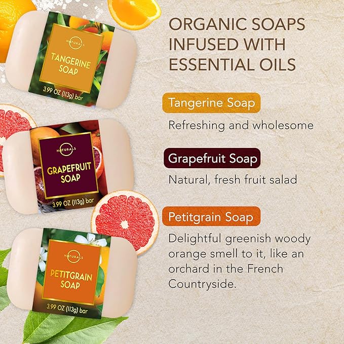 O NATURALS 100% Natural Bar Soap - Gift Set - Organic Ingredients & Essential Oils - Spa Gifts for Women & Men, Body Wash & Face Soap - 6PC Citrus Soap Collection