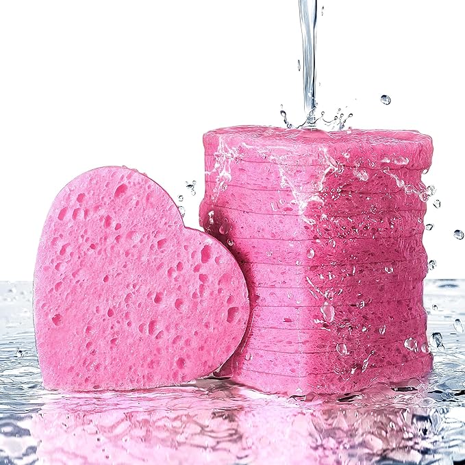 50-Count Heart Shape Compressed Facial Sponges for Daily Facial Cleansing and Exfoliating, 100% Natural Cosmetic Spa Sponges for Makeup Remover