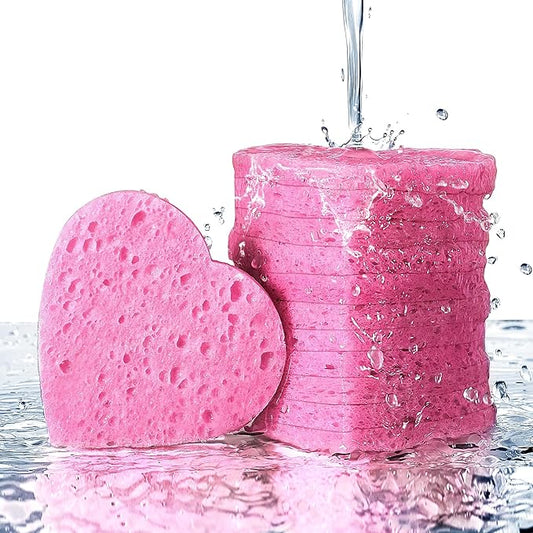 50-Count Heart Shape Compressed Facial Sponges for Daily Facial Cleansing and Exfoliating, 100% Natural Cosmetic Spa Sponges for Makeup Remover