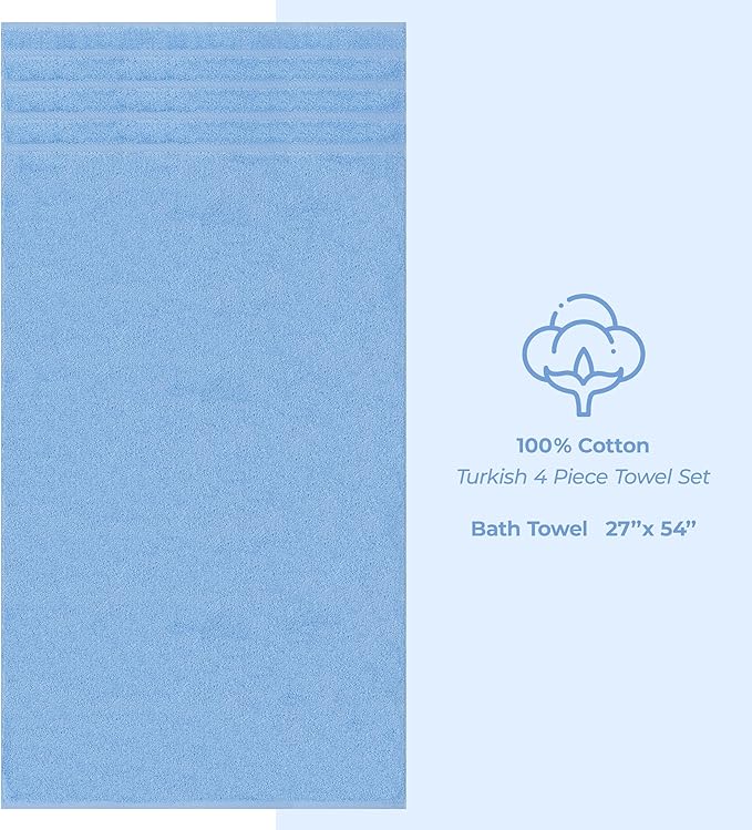 American Soft Linen Luxury 4 Piece Bath Towel Set, 600 GSM 100% Cotton Turkish Bath Towels for Bathroom, 27x54 in Large Bathroom Shower Towels, Sky Blue
