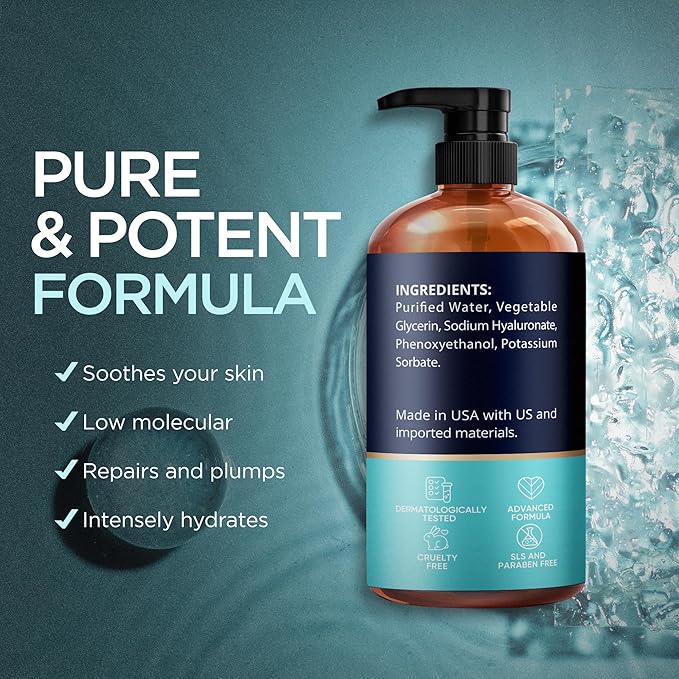 Hyaluronic Acid Serum for Face (8 Oz) for Skin and Lips - Hydrating & Moisturizing Serum for All Skin Types, Paraben-Free & Fragrance-Free