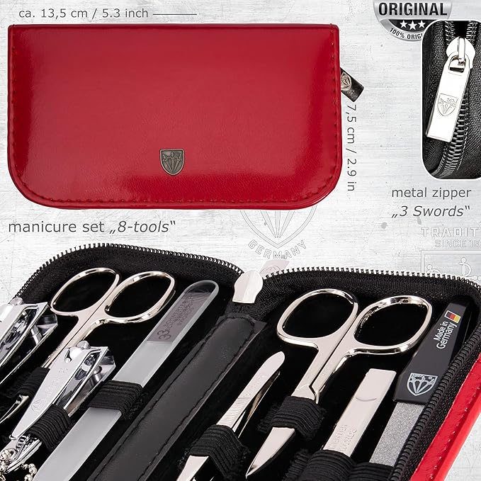 3 Swords Germany - brand quality 8 piece manicure pedicure grooming kit set synthetic leather case red - Made in Germany