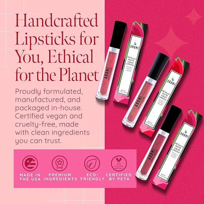 Aromi Light Pink Metallic Matte Liquid Lipstick | Rosy Lip Color with Shimmery Finish for Women, Long-Lasting, Vegan, Waterproof (Cotton Candy)