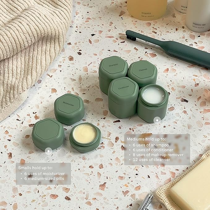 Cadence Travel Containers - Daily Routine Capsule Set - Magnetic Containers with Lids,4 Flex Mediums (1.32oz) & 3 Flex Smalls (0.56oz) - Shampoo, Conditioner, Body Wash, Pills, & More - Eucalyptus