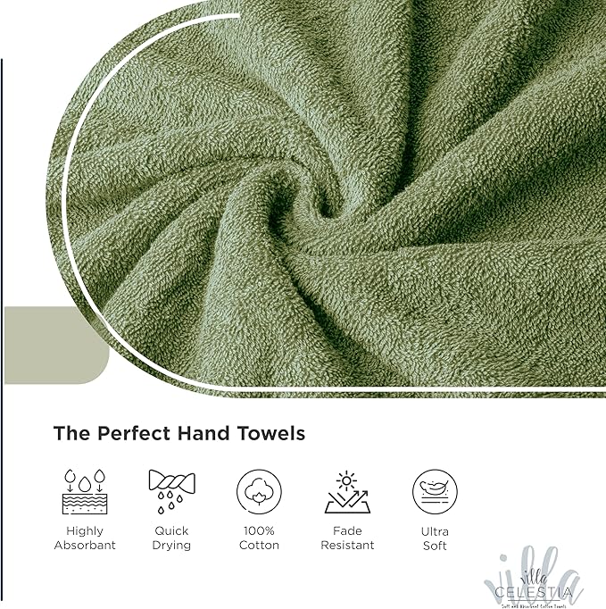100% Cotton Bath Towel Set of 12-4 Bath Towels, 4 Hand Towels, 4 Wash Cloths, Sustainable, Soft, Highly Absorbent, Combed Cotton 12 Piece Set for Hotels, Spa, Bathroom, Dorm, Sage