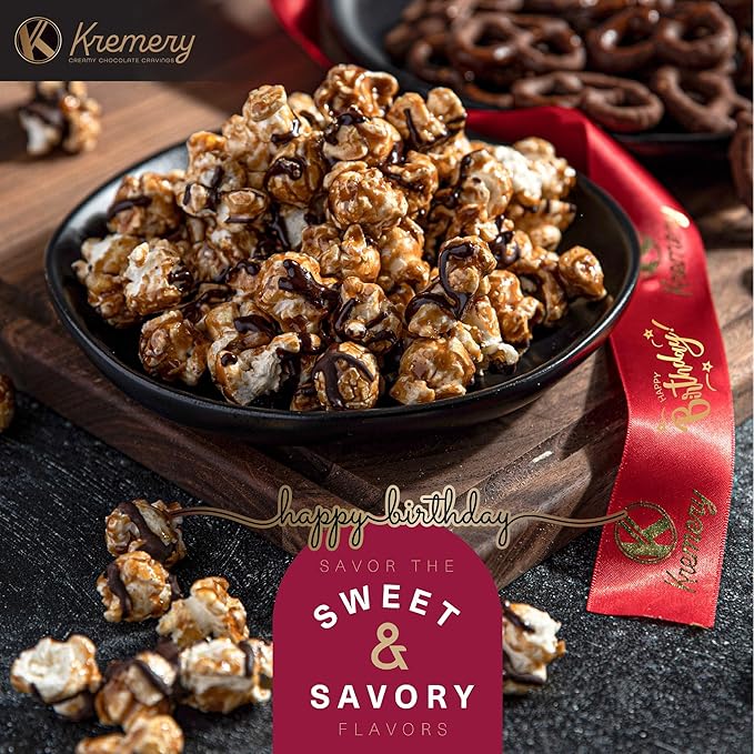 KREMERY Creamy Chocolate Cravings - Happy Birthday Treats, Chocolate Covered Pretzels & Caramel Popcorn Gift Basket, in Seagrass Tray + Ribbon & Greeting Card (Deluxe, 3.5 lbs) Food Assortments USA Made