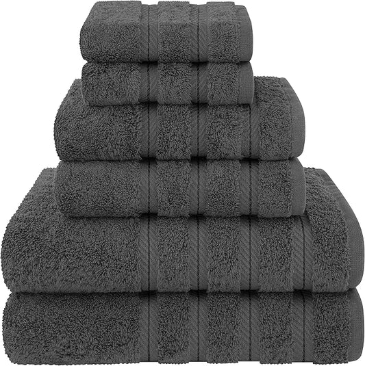 American Soft Linen Luxury 6 Piece Towel Set, 2 Bath Towels 2 Hand Towel 2 Washcloths, 600 GSM 100% Cotton Turkish Towels for Bathroom, Dark Gray Towel Sets