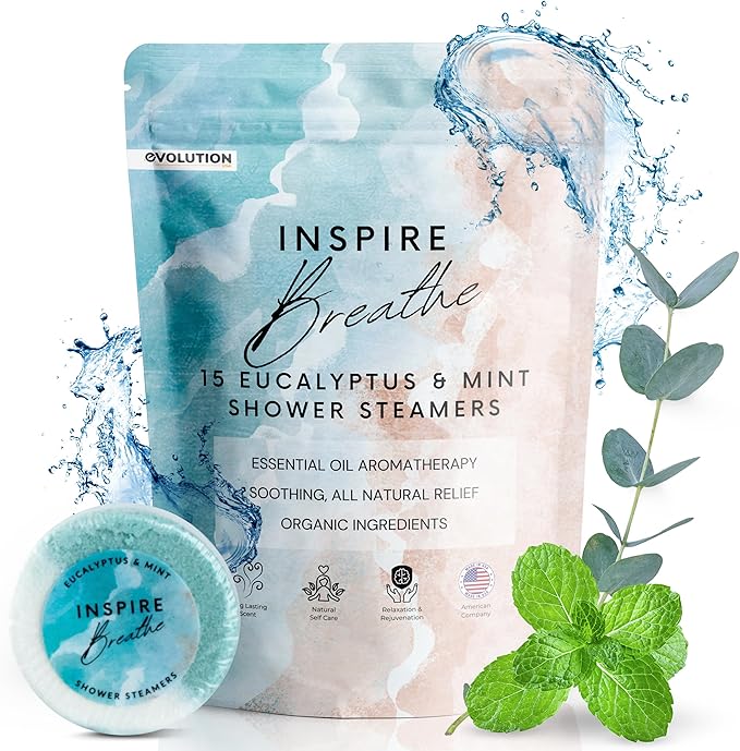 EvolutionUSA Inspire Breathe Shower Steamers, 15 Mint & Eucalyptus Shower Steamers for Women & Men, Refreshing Vapor Shower Tablets, Self Care Shower Bombs, Gift for Mother's Day, Easter, Birthday