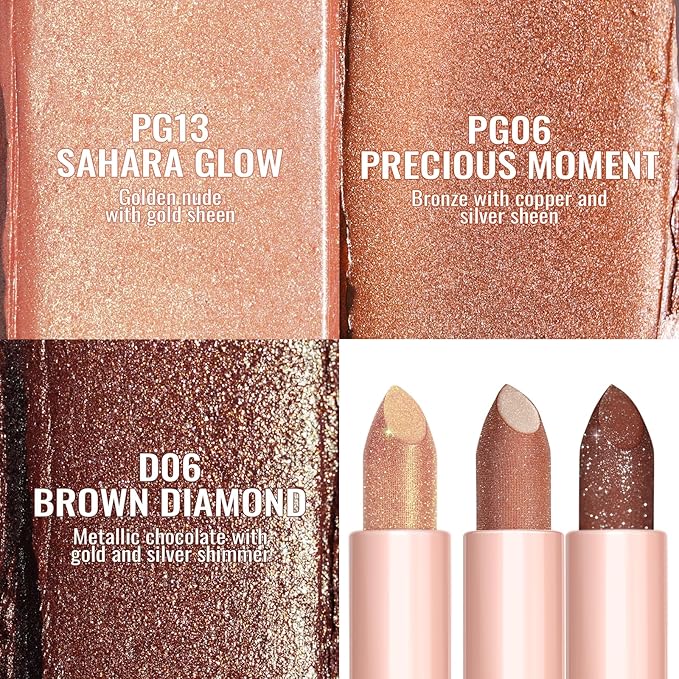 Oulac Moisture Nude Brown Lipstick Set 3PCS - Infinity High Shine Finish, Hydrating Vegan Lipstick Infused with Damask Rose Oil for All-Day Comfort, Gluten-Free, PG13+PG06+D06