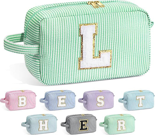 YOOLIFE Makeup Bag - Initial Makeup Bag Cosmetic Bag, Monogram Makeup Bags, Cosmetic Bag, Make Up Bag, Travel Toiletry Bag, Cute Makeup Pouch Makeup Case, Personalized Green Makeup Bags for Women L