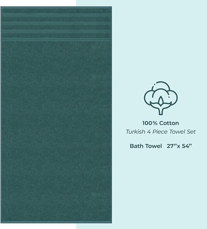American Soft Linen Luxury 4 Piece Bath Towel Set, 600 GSM 100% Cotton Turkish Bath Towels for Bathroom, 27x54 in Extra Large Bathroom Shower Towels, Teal