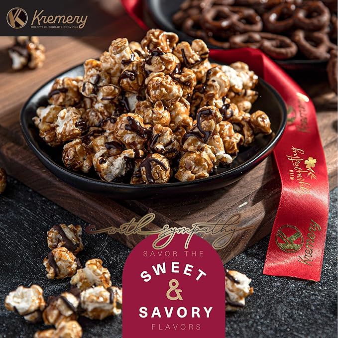 KREMERY Creamy Chocolate Cravings - Sympathy Condolence, Chocolate Covered Pretzels & Caramel Popcorn Gift Basket, in Seagrass Tray + Ribbon & Greeting Card (Deluxe, 3.5 lbs) Food Assortments USA Made