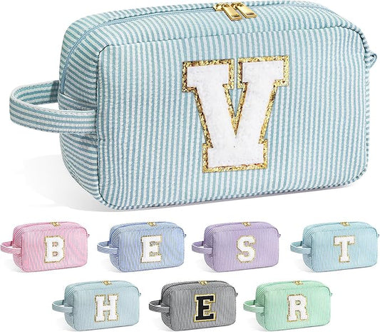 YOOLIFE Travel Makeup Cosmetic Bag - Monogram Cute Initial Makeup Bags Cosmetic Toiletry Bag Pouch Make Up Case for Women Her Best Friend Friendship Teacher, Personalized Birthday Gifts for Women V
