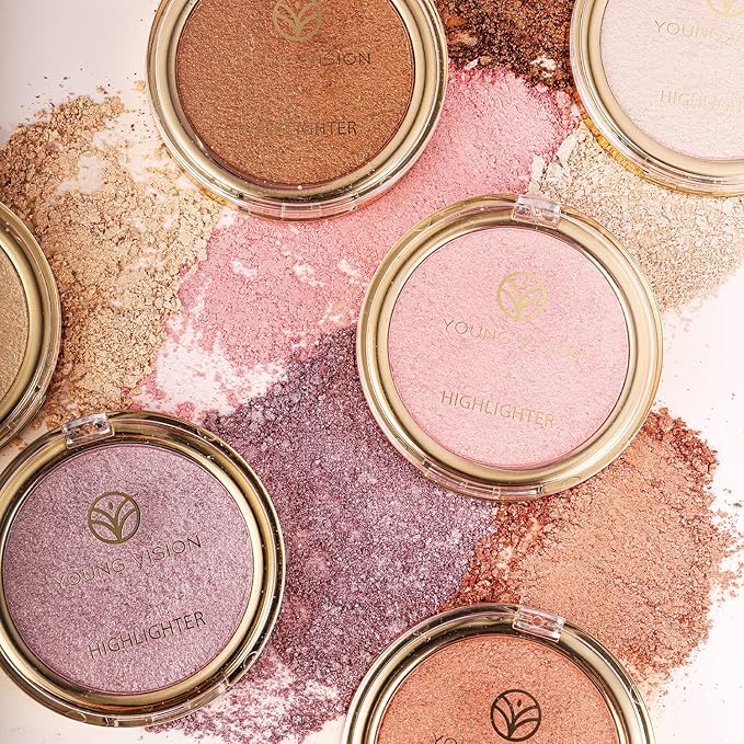 YOUNG VISION Pressed Powder Highlighter, Baked Natural Glow Contour Powder & Face Highligher, Cruelty-Free, Shimmer Highlighting Makeup for Face, Eye, Eyeshadow, Body, Skin (Gold)