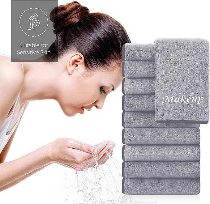 Cosy Family 10 Pack Makeup Remover Wash Cloths - Soft Microfiber Fingertip Facial Cleansing Cloths for Hand and Make Up, 12 x 12 in, Grey