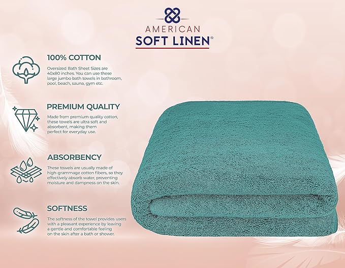 American Soft Linen Oversized Bath Sheet 40x80 Extra Large for Bathroom, 600 GSM 100% Cotton Turkish Jumbo Bathsheet Towels for Adults, Teal Bath Sheet