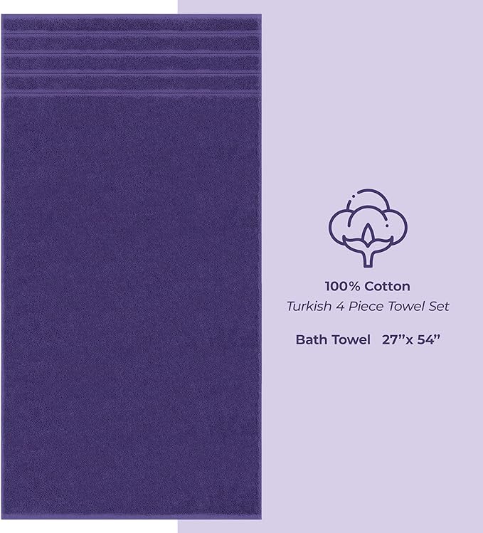 American Soft Linen Luxury 4 Piece Bath Towel Set, 600 GSM 100% Cotton Turkish Bath Towels for Bathroom, 27x54 in Extra Large Bathroom Shower Towels, Purple