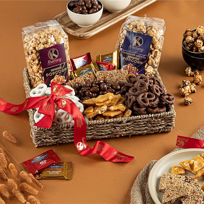 KREMERY Creamy Chocolate Cravings - Chocolate Covered Pretzels & Caramel Popcorn Gift Basket, in Seagrass Tray + Ribbon (Premium, 2.5 lbs) Food Arrangement, Food Assortments USA Made