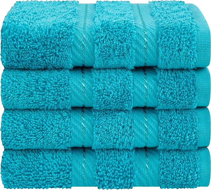American Soft Linen Luxury Washcloths for Bathroom, 600 GSM 100% Cotton 4 Piece Turkish Wash Cloth Set, 13x13 in Soft Rags for Body and Face, Aqua Blue Washcloths