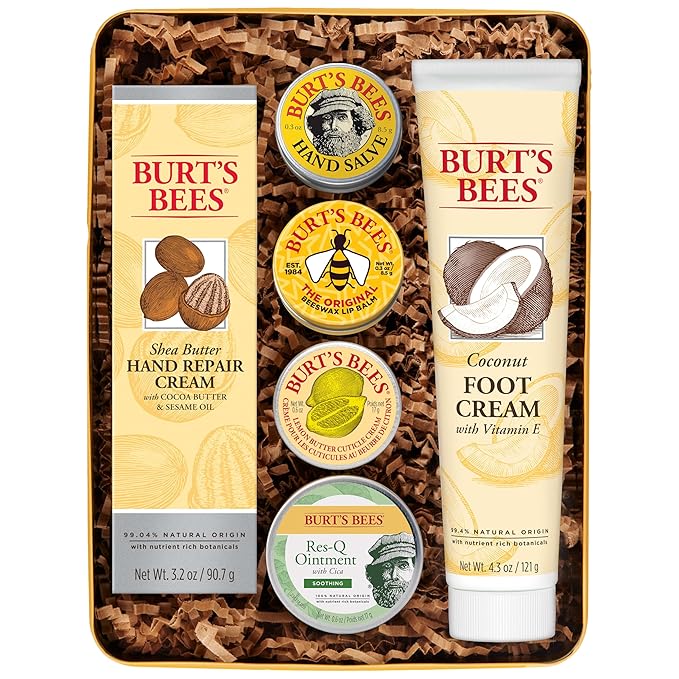 Burt's Bees Back To School Gifts Ideas - Classics Set, 6 Products in Giftable Tin – Cuticle Cream, Hand Salve, Lip Balm, Res-Q Ointment, Hand Repair and Foot Cream