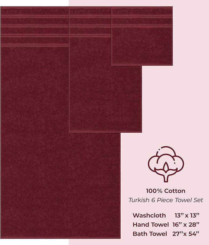 American Soft Linen Luxury 6 Piece Towel Set, 2 Bath Towels 2 Hand Towel 2 Washcloths, 600 GSM 100% Cotton Turkish Towels for Bathroom, Bordeaux Red Towel Sets