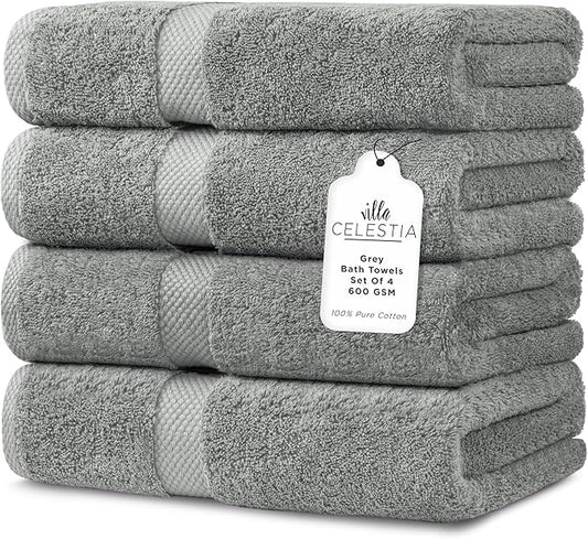 600 GSM 100% Cotton Bath Towels, Grey, Set of 4, Highly Absorbent, Plush, Soft, Quick Dry, 4 Pieces Combed Cotton Luxury Towels for Hotels, Spa, Salon, Bathroom, Dorm, Pack of 4
