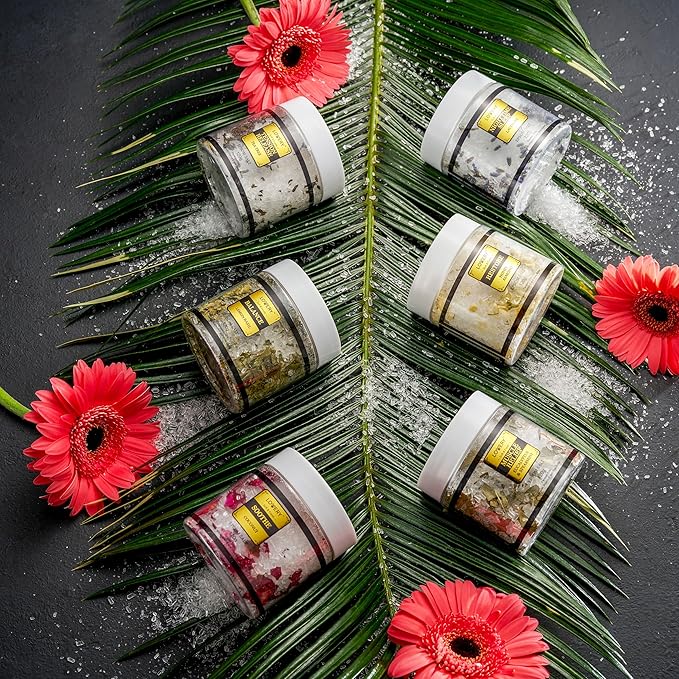 Bath Salts Gift Set with Lavender, Arabica Coffee, Mango, Sugar, Himalayan & Coconut, 6pc Bath Soaks, Relaxing Spa Salt with Essential Oils, Vitamin E, Jojoba Oil, Shea Butter, Fresh Herbs