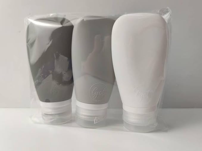 Travel Bottles for Toiletries, TSA Approved 3oz Leak Proof Silicone Refillable Squeeze Travel Size Containers BPA Free for Cleansers, Lotions, Shampoo 3-pk (Black-Gray-White)