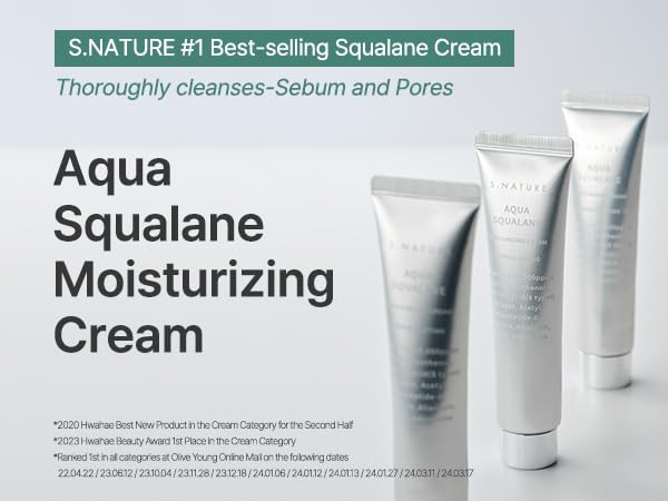 S. Nature AQUA SQUALANE MOISTURIZING CREAM | Face Moisturizer for Dry and Sensitive Skin, Vegetable Squalane 150,00ppm, Long-lasting Hydration, Pore Care Cream, Korean Skin Care (2.7 Fl Oz, 80ml)