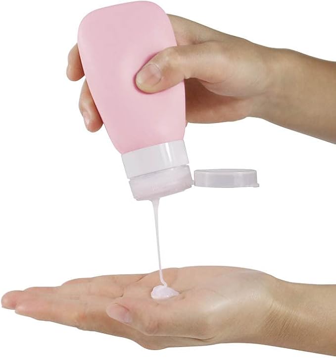 Travel Bottles for Toiletries, TSA Approved 3oz Leak Proof Silicone Refillable Squeeze Travel Size Containers BPA Free Air Travel for Shampoo, Lotions, 3-pk (Pink-White-Teal)