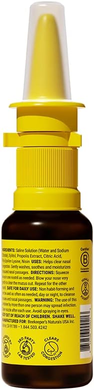Beekeeper's Naturals Nasal Spray for Adults with Propolis, Xylitol & Saline, Clears Nasal Congestion, Moisturizes Sinus Canal, & Decongest Sinus Cavities, 1 fl oz(Pack of 2)
