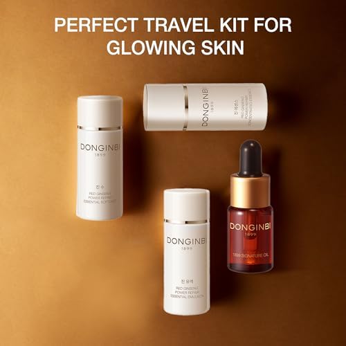Donginbi Red Ginseng Power Repair Essential Skin Care Set - Hydrating Toner (4.4 floz), Korean Red Ginseng Essence with Collagen (4.4 floz), Firming Face Oil, Korean Skin Care Gifts for Women