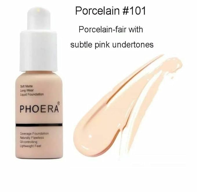 Phoera® Full Coverage Foundation Soft Matte Oil Control Concealer 30ml Flawless Cream Smooth Long Lasting (101 PORCELAIN)