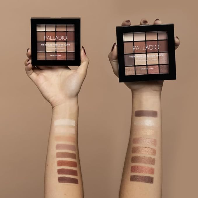 Palladio Ultimate Pro Eyeshadow Makeup Palette, 16 High-Pigmented Powder Colors, Matte, Shimmer, Satin Finishes, Natural Nudes