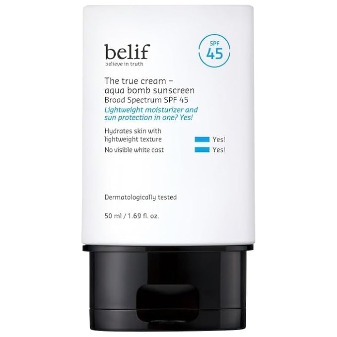 belif Aqua Bomb SPF 45 Hydrating Niacinamide Sunscreen (1.69 fl. oz) - The True Cream PA++++, Daily Broad Spectrum, No White Cast, Weightless & Invisible, Non-Greasy, Korean Skincare