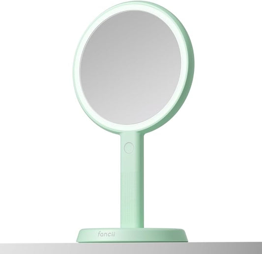 Fancii Cami Handheld Travel Makeup Mirror with Lights, Rechargeable, Extra Large, Double Sided 5X / 1X Magnifying Mirror - 3 Color Lighting, Handheld or Vanity (Pistachio)